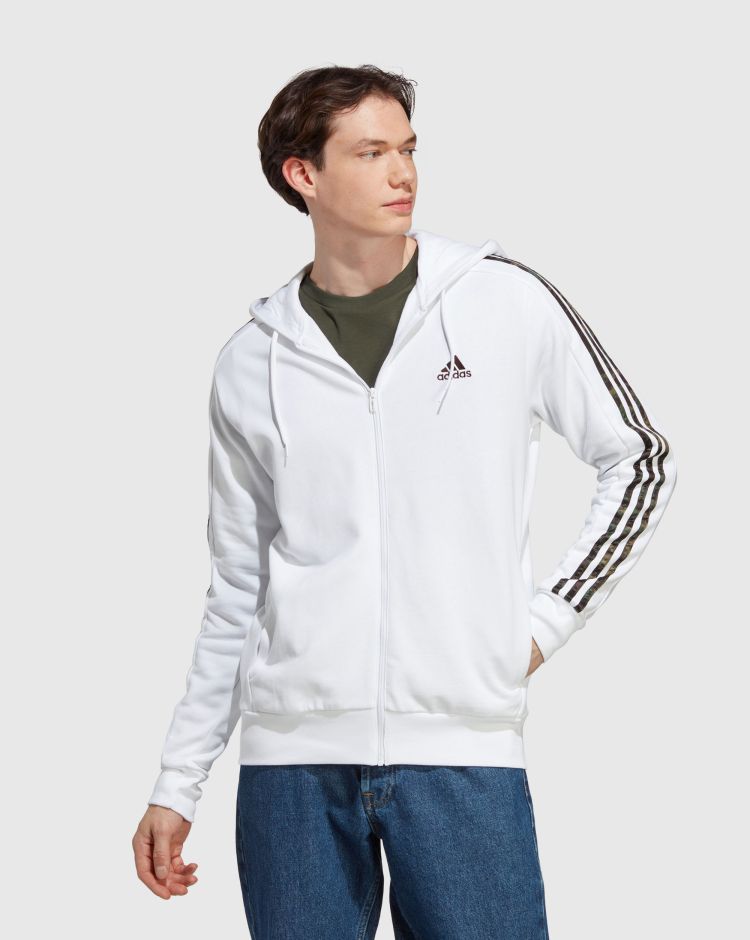 Adidas Felpa con cappuccio Essentials French Terry 3-Stripes Full-Zip Bianco Uomo