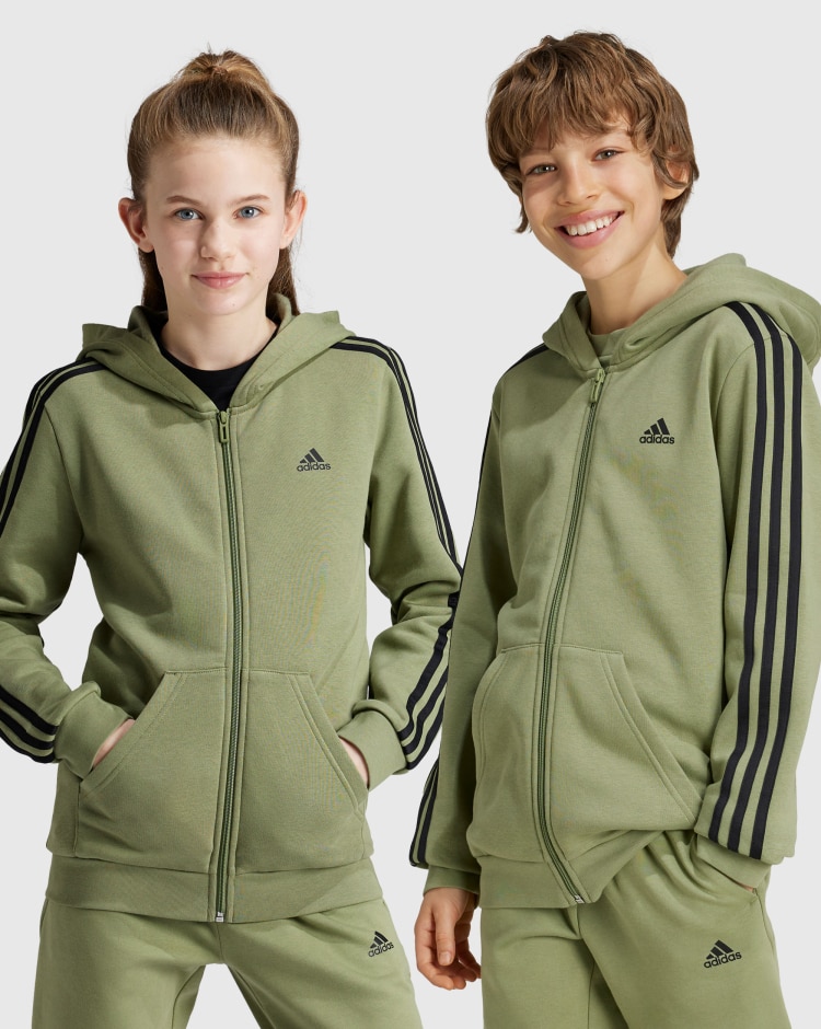 Felpa con cappuccio Essentials 3-Stripes Fleece Full-Zip Verde Bambino