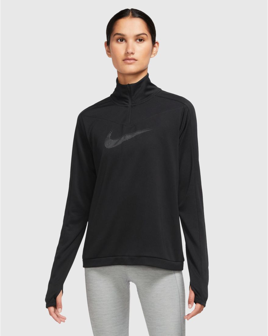 Nike T Shirt Manica Lunga Swoosh Con Mezza Zip e Collo Alto Nero Donna