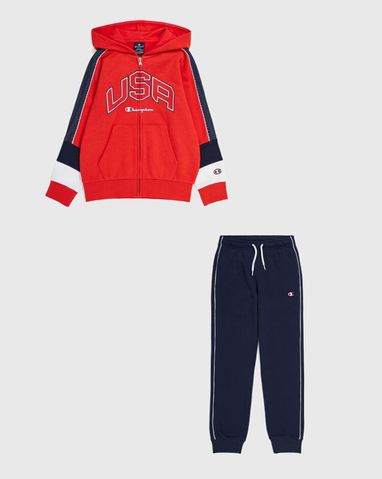 Champion Felpa Con Cappuccio Full-Zip e Pantaloni Con Polsini USA Rosso Bambino