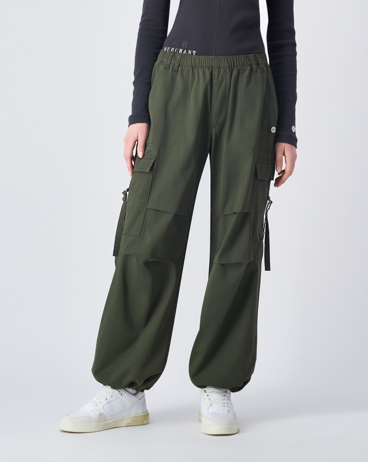 Pantaloni Parachute Cargo Con Tasconi Verde Donna