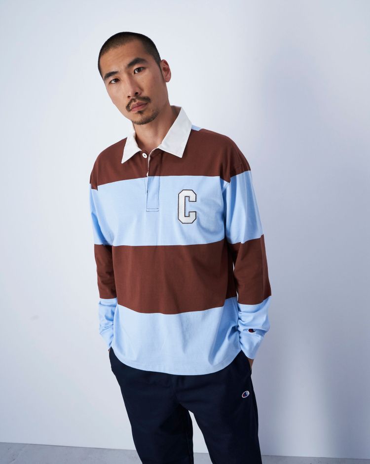 Champion Bookstore Polo Manica Lunga a Strisce Blu Uomo
