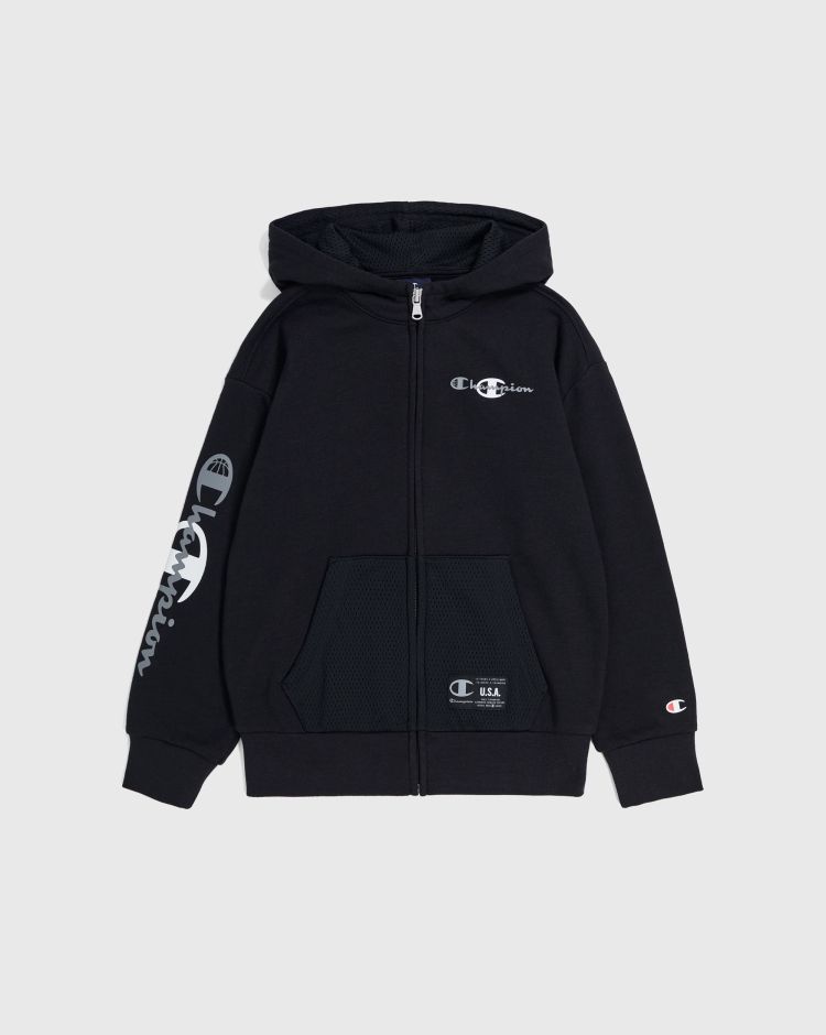 Champion Basket Felpa Con Cappuccio Full Zip e Logo Esteso Sul Braccio Nero Bambino