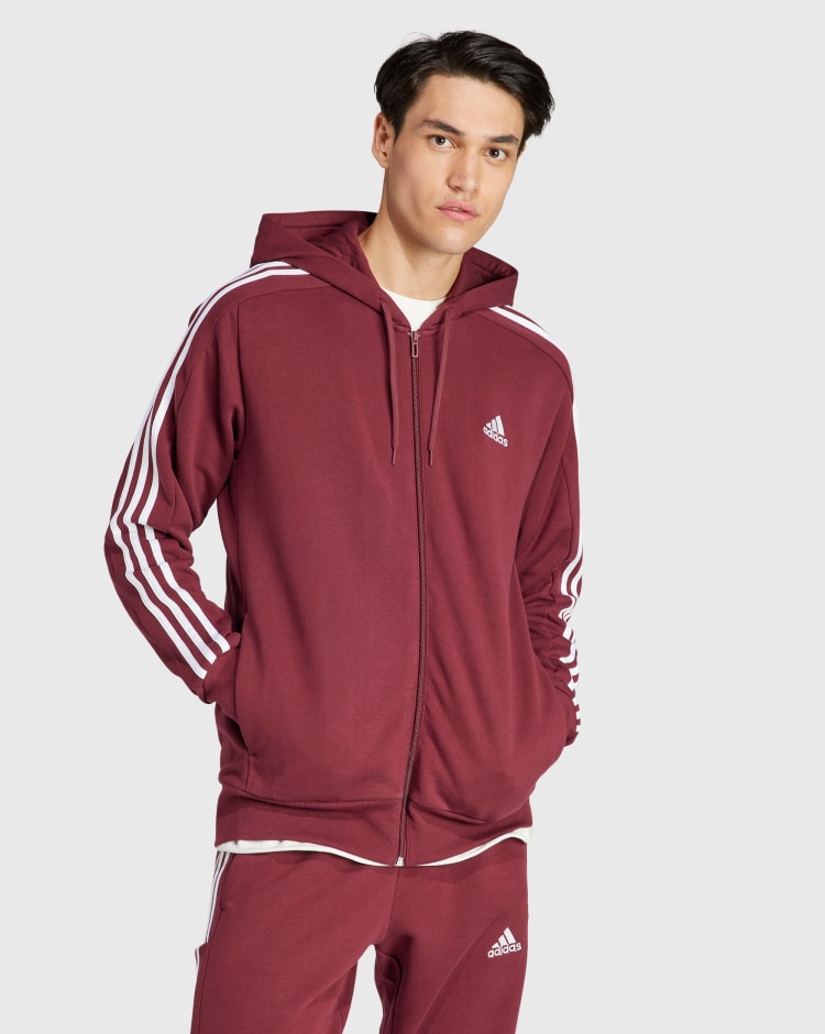 Adidas Felpa con cappuccio Essentials French Terry 3-Stripes Full-Zip Rosso Uomo