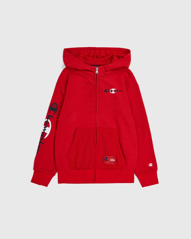 Champion Basket Felpa Con Cappuccio Full Zip e Logo Esteso Sul Braccio Rosso Bambino