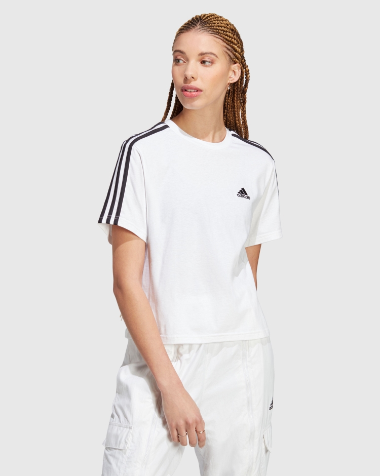 Adidas T-shirt Essentials 3-Stripes Single Jersey Crop Bianco Donna