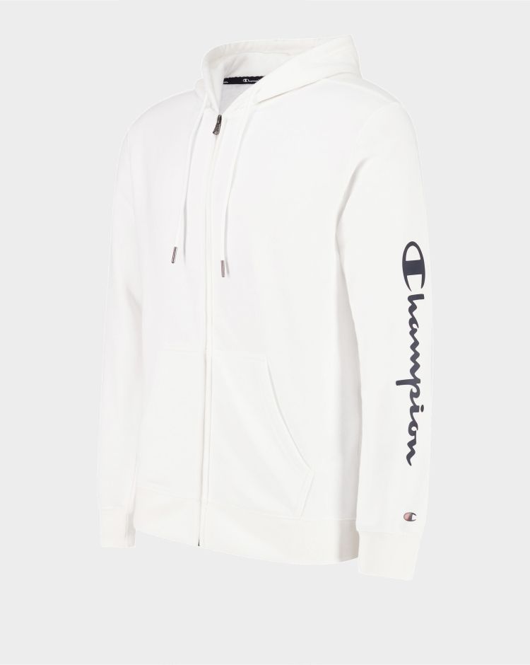 Champion Felpa Con Cappuccio Full Zip Con Logo Esteso Sulla Manica Bianco Uomo