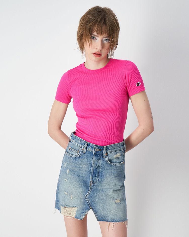 Champion T-shirt Slim Fit In Cotone A Costine Rosa Donna