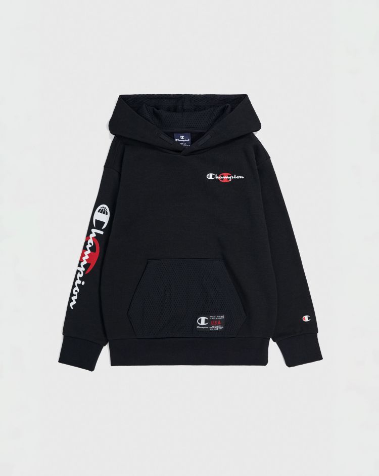 Champion Basket Felpa Con Cappuccio e Logo Esteso Sul Braccio Nero Bambino
