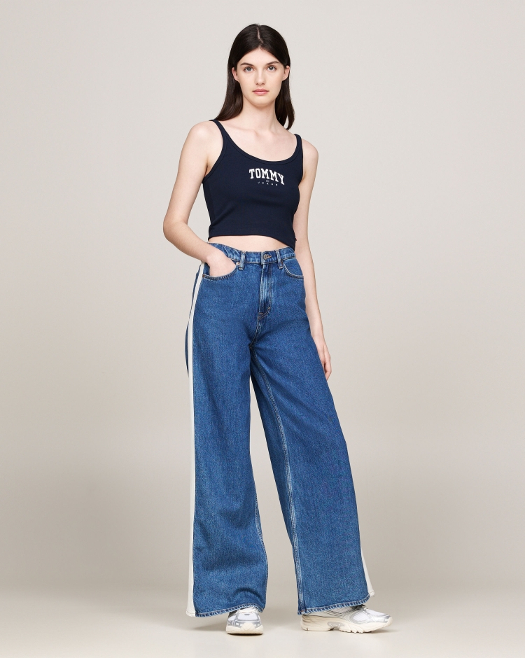 Canotta Crop Vrsity a Coste Blu Donna
