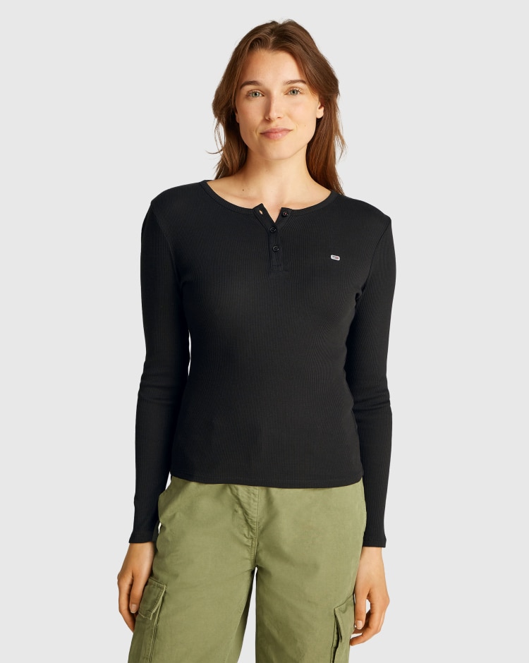 T-shirt slim fit a coste e maniche lunghe Nero Donna