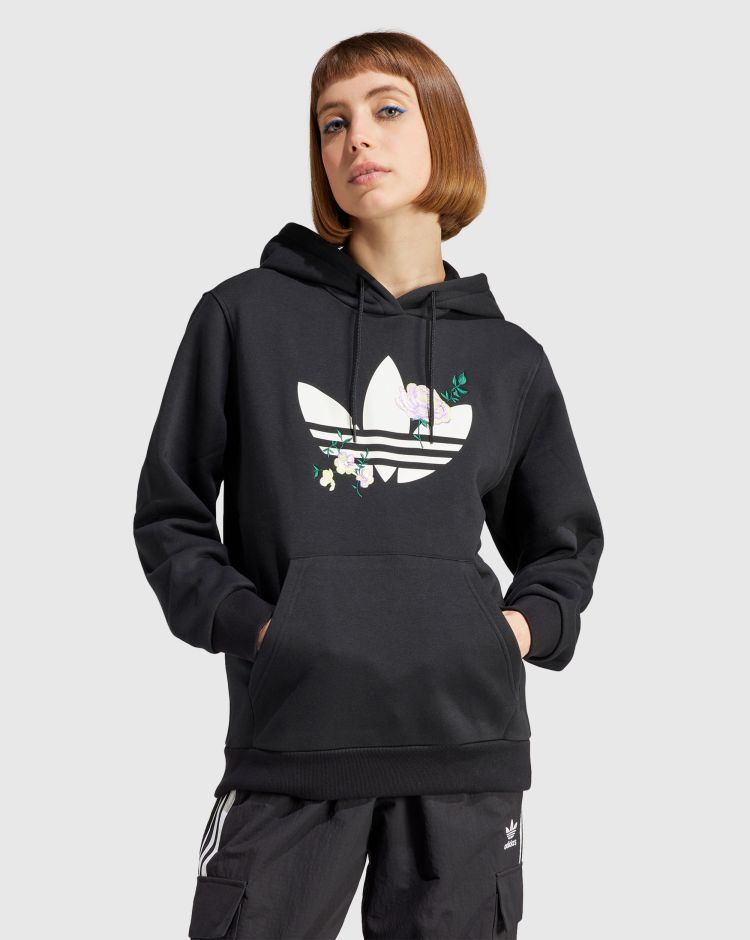Adidas Originals Felpa Con Cappuccio Flower Embroidery Nero Donna
