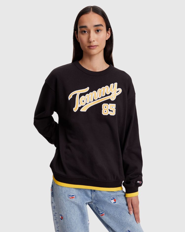 Tommy Hilfiger Felpa Collegiate Script Girocollo Nero Donna
