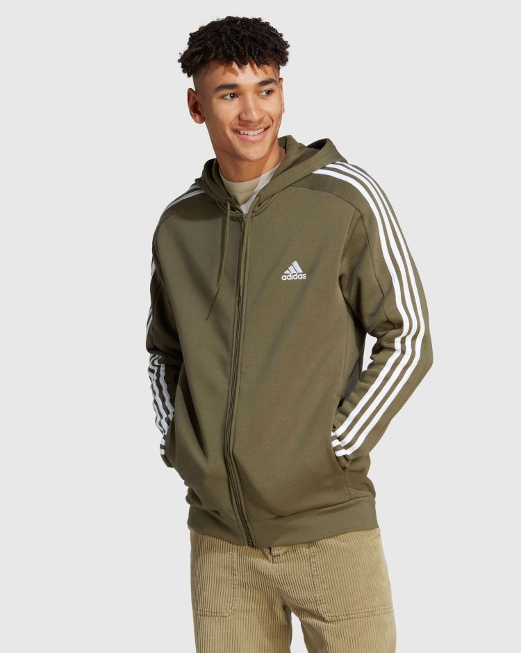 Adidas Felpa Con Cappuccio Full Zip 3-Stripes Fleece Verde Uomo