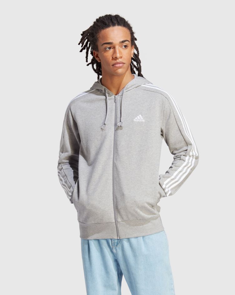 Adidas Felpa con cappuccio Essentials French Terry 3-Stripes Full-Zip Grigio Uomo