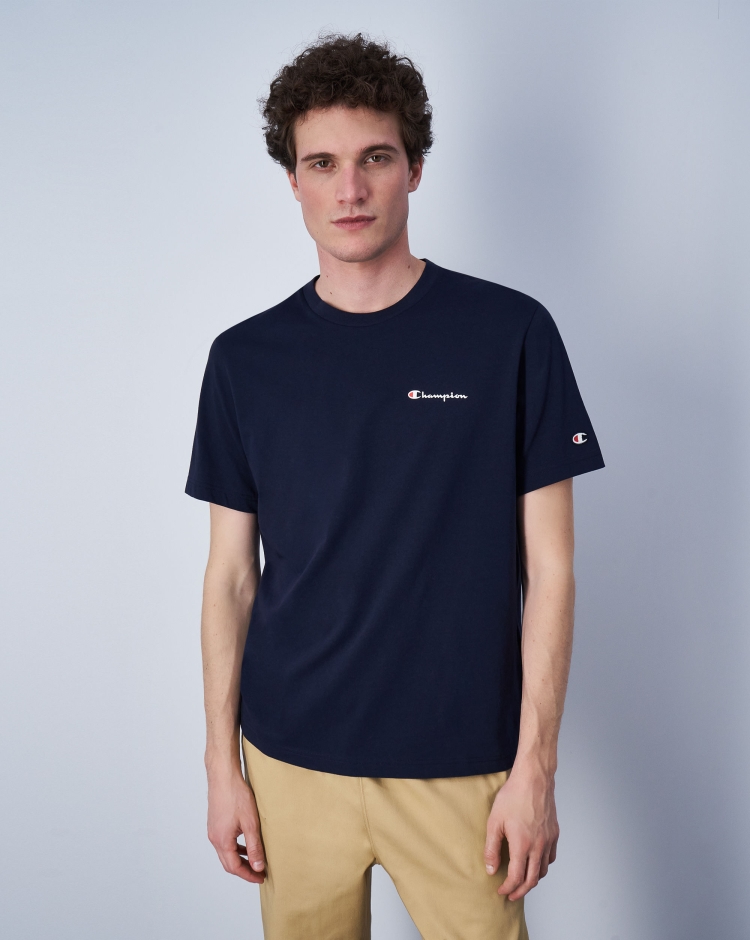 Champion T-Shirt In Cotone Con Logo Grande Blu Uomo