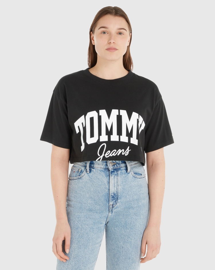 Tommy Hilfiger T-Shirt Fit Over Crop New Varsity Nero Donna