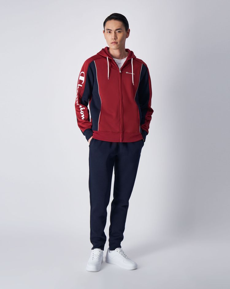 Champion Tuta Con Cappuccio Full Zip e Logo Esteso Sul Braccio Rosso Uomo