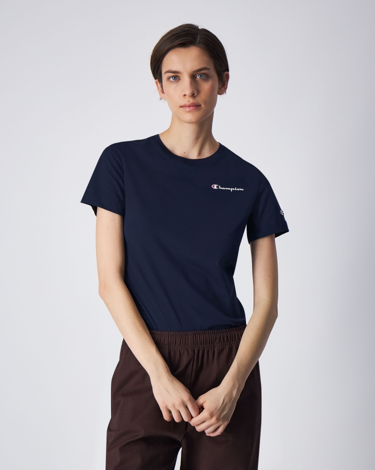 Champion T-Shirt Girocollo in Cotone Leggero Mini Logo Blu Donna