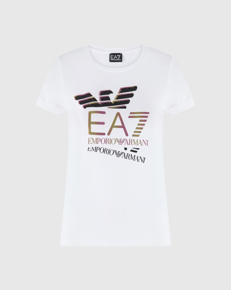 Emporio Armani EA7 T-shirt girocollo Logo Series Crossover in cotone stretch Bianco Donna
