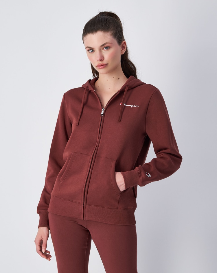 Felpa con cappuccio e cerniera con logo piccolo Marrone Donna