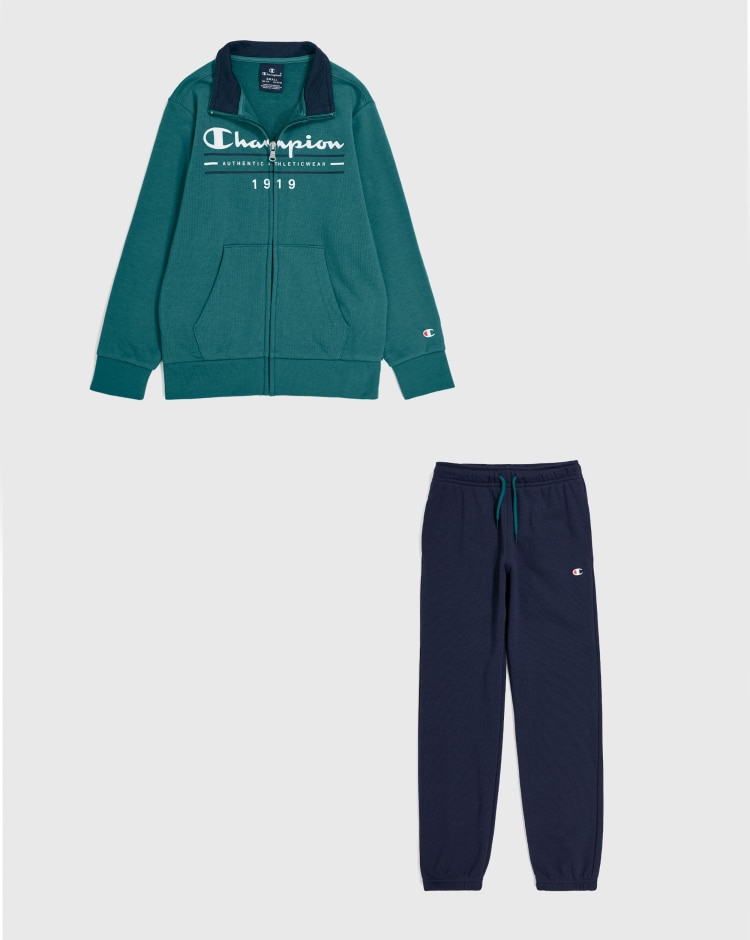 Champion Tuta Con Full Zip E Pantaloni Con Polsini Verde Bambino