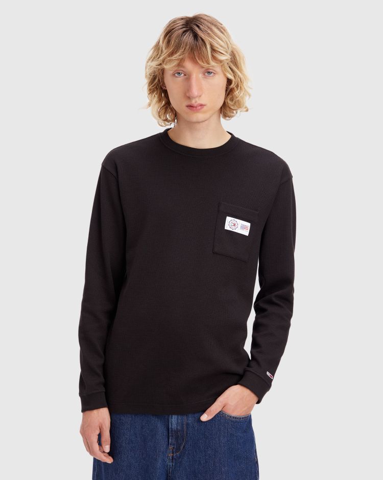 Tommy Hilfiger T-Shirt a Nido D'Ape a Maniche Lunghe Nero Uomo