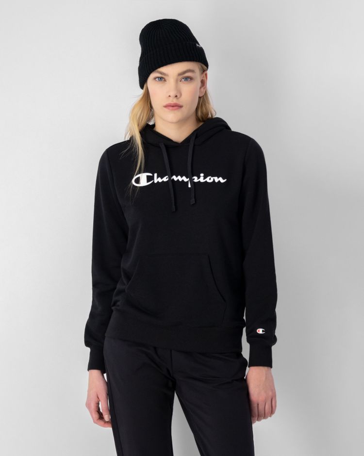Champion Felpa Con Cappuccio E Logo Esteso in Terry Nero Donna