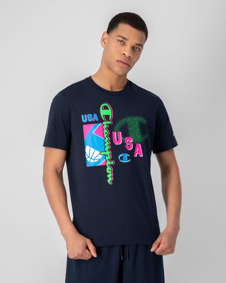 Champion T-shirt Con Logo Fluo Grande Blu Uomo