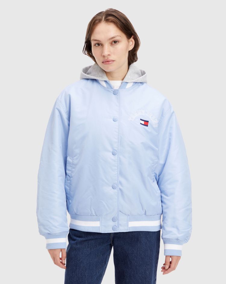 Tommy Hilfiger Bomber In Raso Con Cappuccio E Logo Grafico Blu Donna