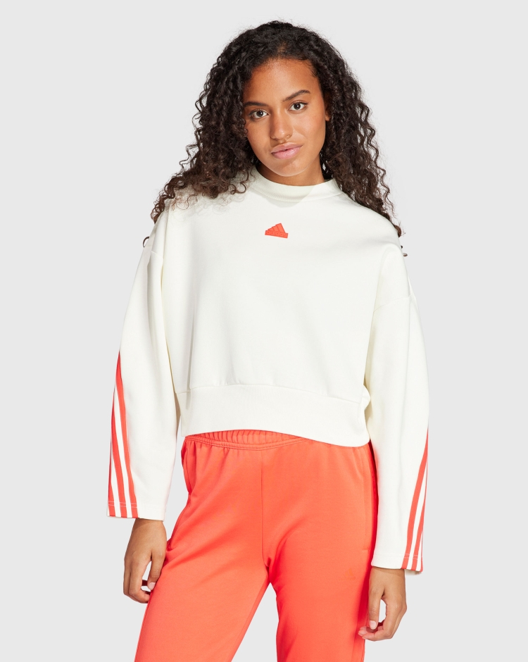 Adidas Felpa Girocollo Crop 3-Stripes Tech Bianco Donna