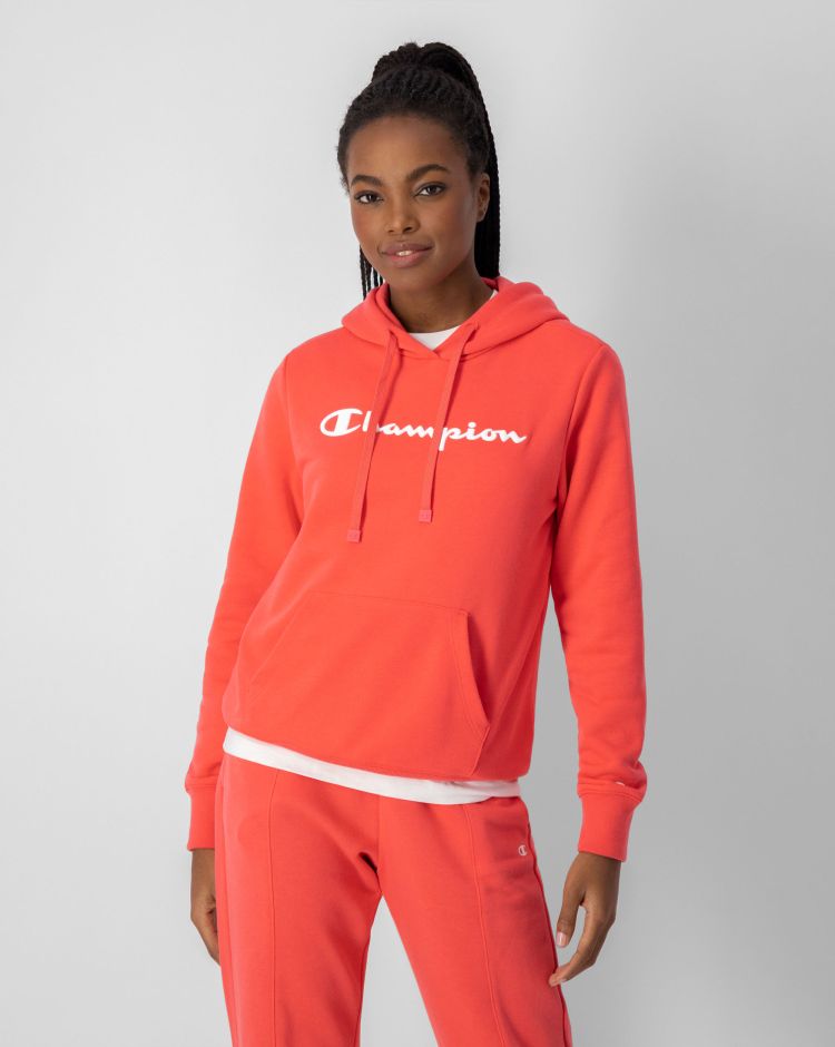 Champion Felpa Con Cappuccio E Logo Esteso in Terry Rosso Donna
