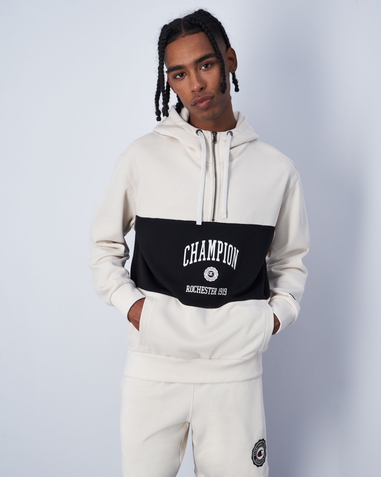 Champion Felpa Con Cappuccio Mezza Zip Bianco Uomo