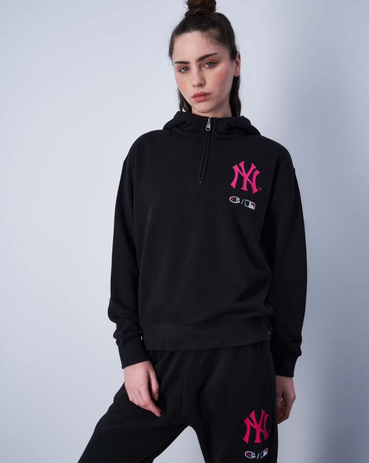 Champion x MLB Felpa Con Cappuccio Boxy Logo New York Yankees Nero Donna