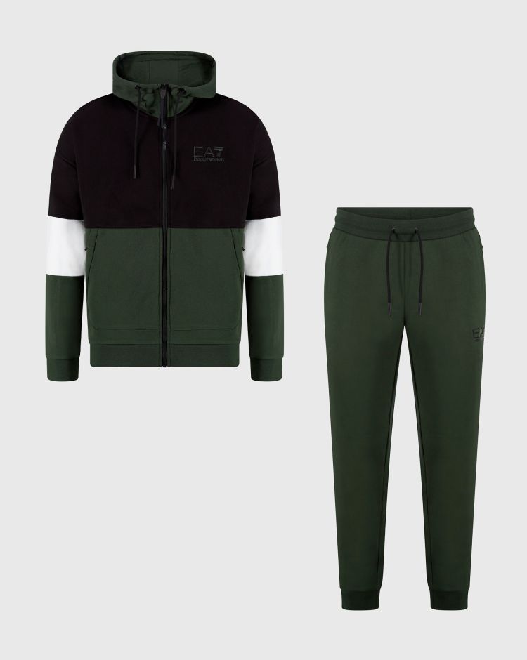 Emporio Armani EA7 Tuta con cappuccio Athletic Colour Block in misto cotone Verde Uomo
