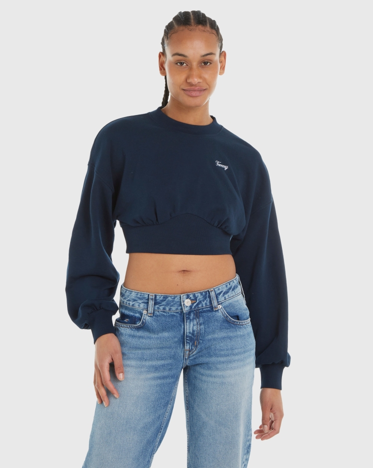 Tommy Hilfiger Felpa Scipt Crew Relaxed Fit Cropped Blu Donna