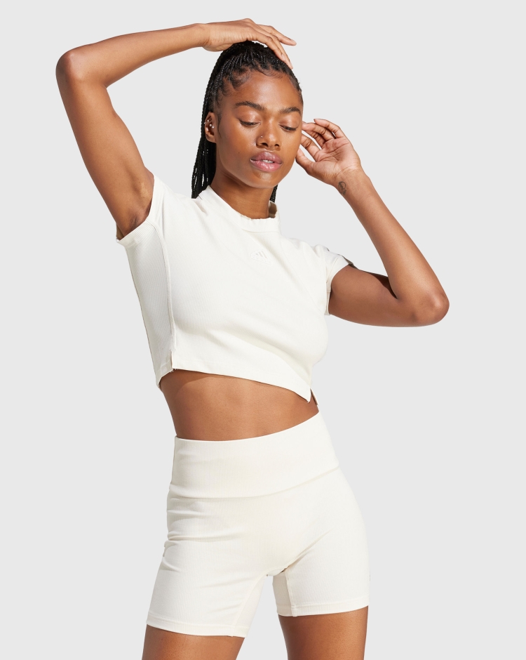 Adidas T-Shirt Lounge Ribbed Crop Bianco Donna