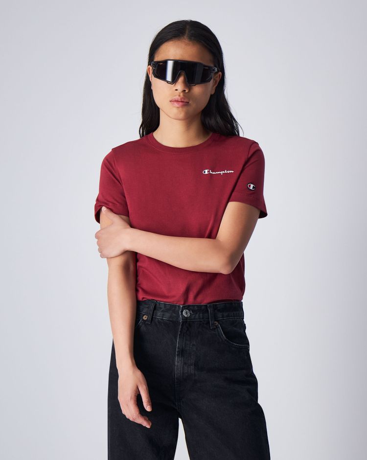 Champion T-Shirt Girocollo in Cotone Leggero Mini Logo Rosso Donna