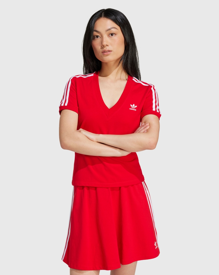 Adidas Originals T-Shirt 3-Stripes V-Neck Slim Rosso Donna