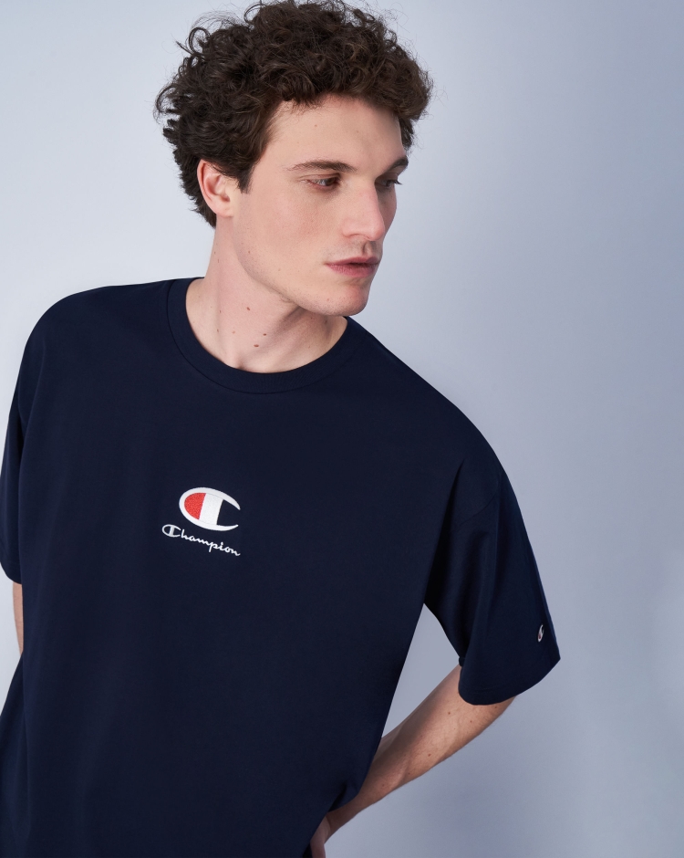 Champion T-Shirt In Cotone Con Logo Champion Blu Uomo