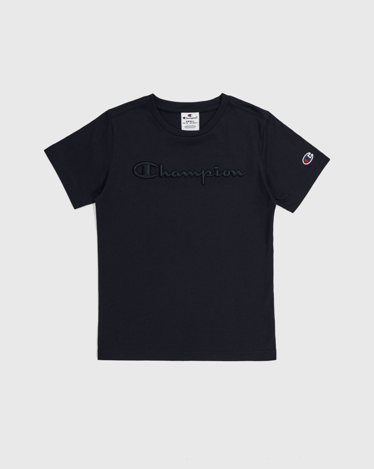 Champion T-Shirt Girocollo Con Logo Ricamato Tono su Tono Nero Bambino