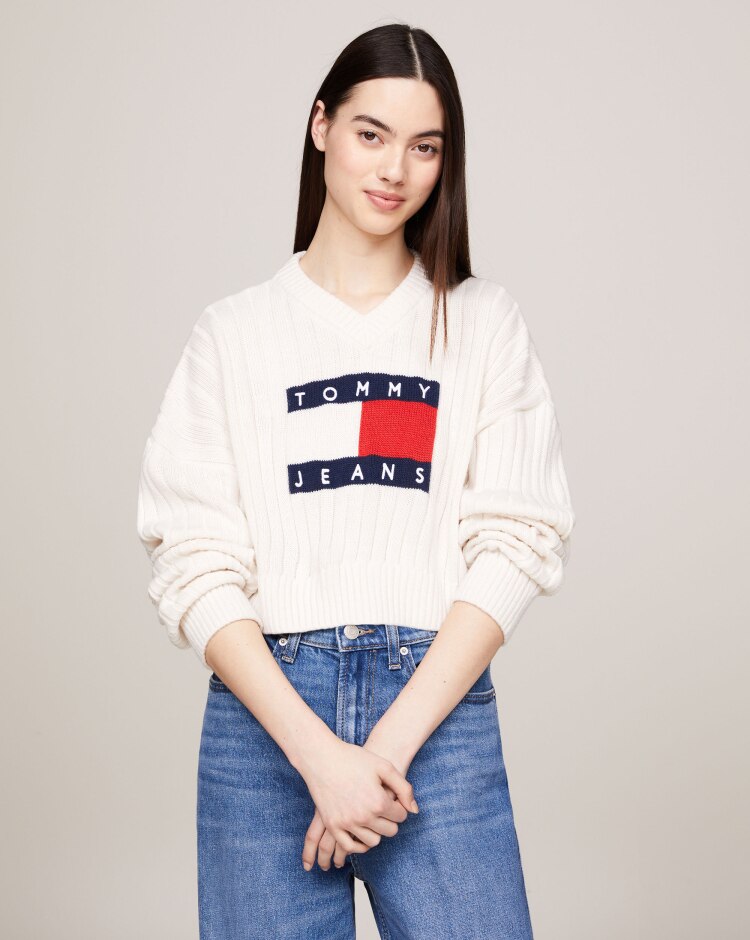Pullover Crop con Distintivo e Scollatura a V Bianco Donna