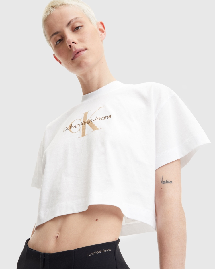 Calvin Klein T-Shirt Crop Archival Monologo Bianco Donna