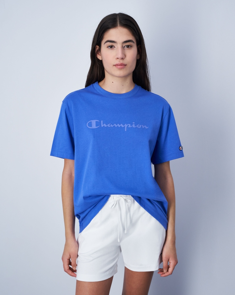 Champion T-Shirt Girocollo Icons Big Logo Tono su Tono Blu Donna