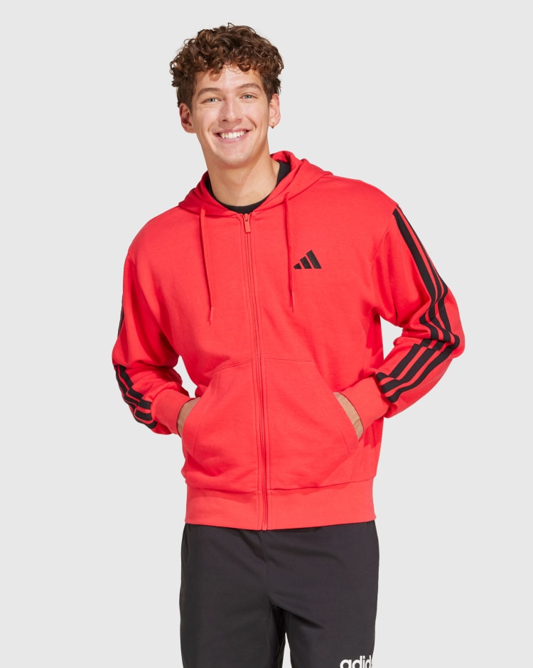 Felpa con cappuccio Essentials 3-Stripes French Terry Full-Zip Rosso Uomo