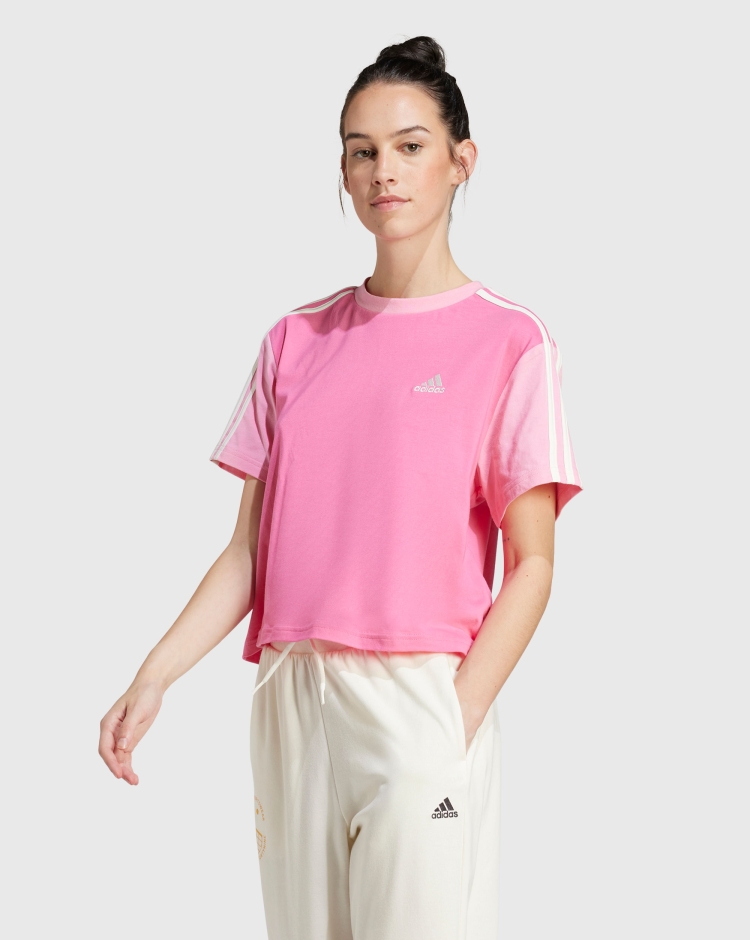 Adidas T-Shirt Essentials 3-Stripes Single Jersey Crop Rosa Donna