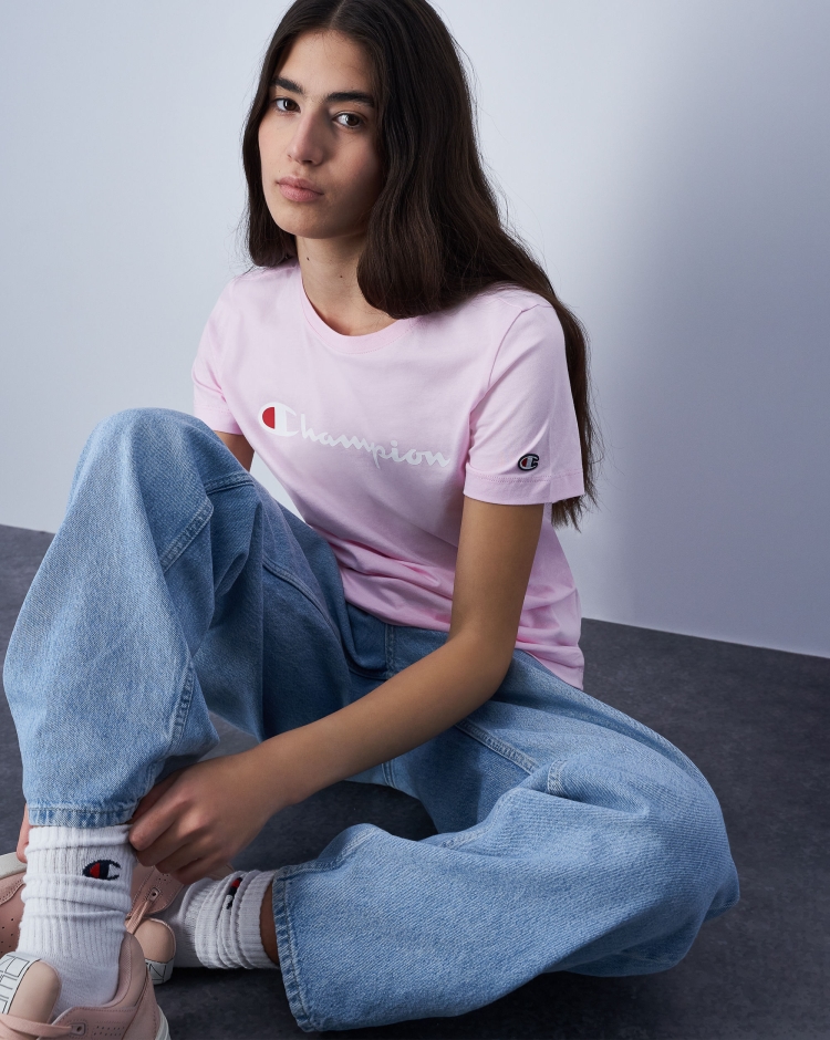 Champion T-Shirt Girocollo Con Logo Champion Grande Rosa Donna