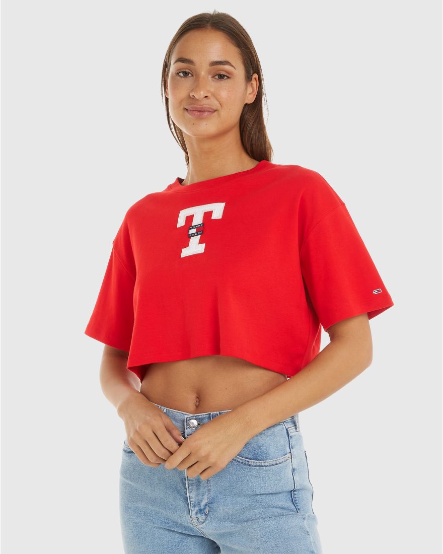 Tommy Hilfiger T-Shirt Crop Letterman Flag Rosso Donna