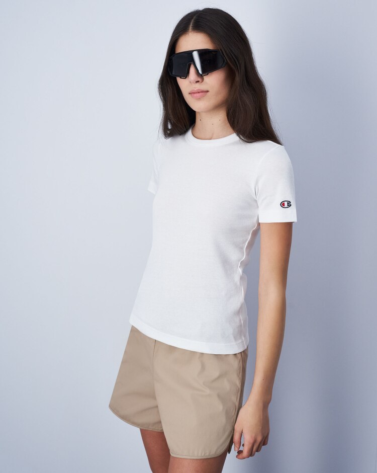 Champion T-Shirt Girocollo Con C Logo Patch Bianco Donna