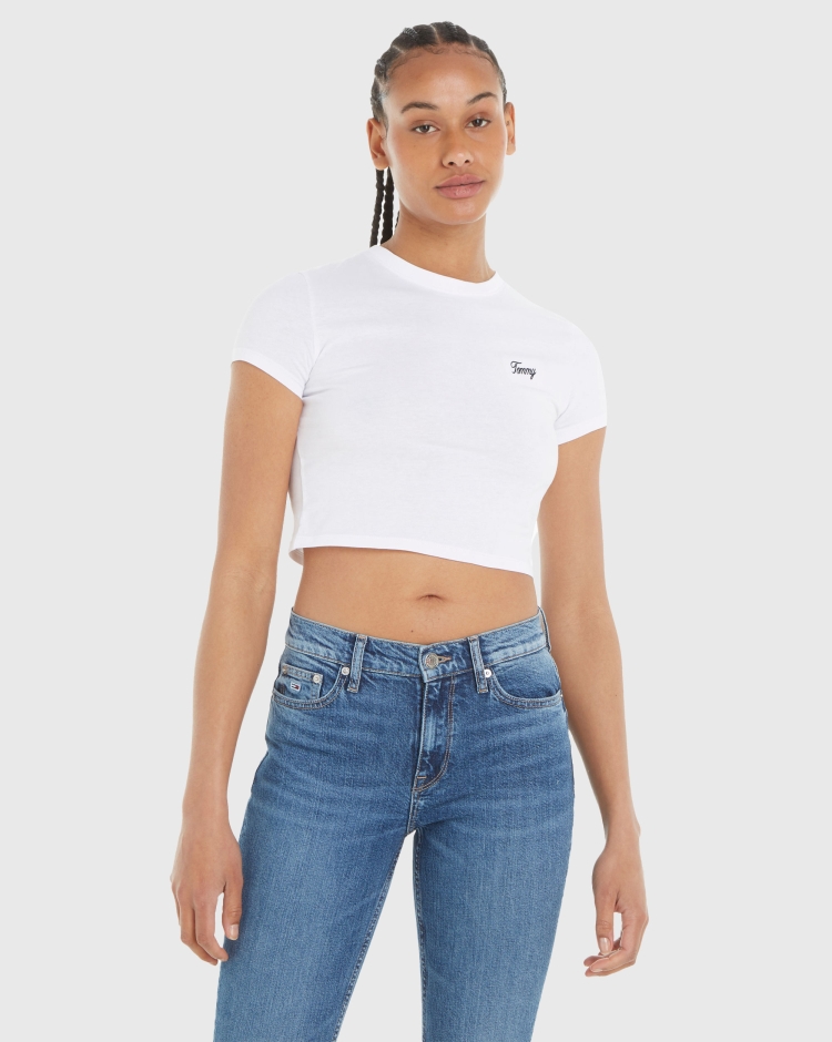 Tommy Hilfiger T-Shirt Script Crop Slim Fit  Bianco Donna